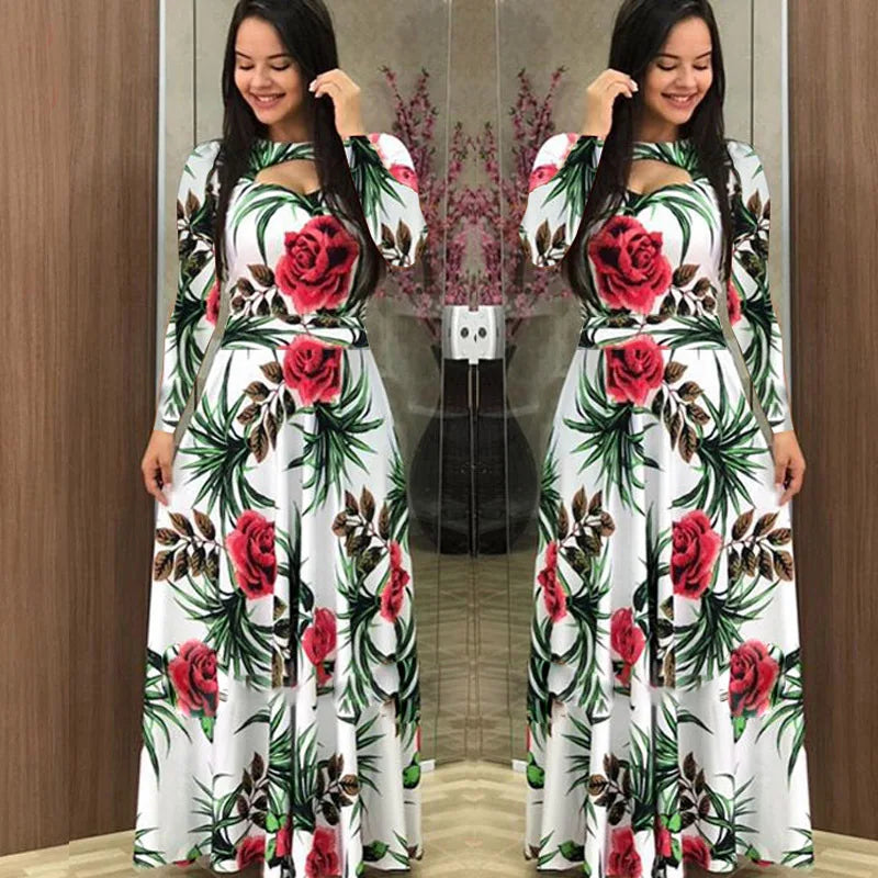 Spring /Autumn Fashion Flower Long Sleeved O-Neck Hollow Slim Fit Dress Women Elegant Long Vestido Maxi Clothes Robe Sexy Femme - Seprincess