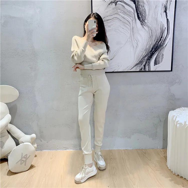 Elegant Tracksuit Sexy Two Piece Set Women Korean Style Ribbed Knitted Backless Top And Long Harem Pant Suit Autumn Outfits y2k - Seprincess