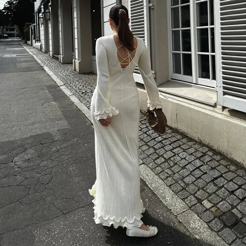 Fashion Solid Ruffles Pleated Loose Long Dress Women Elegant Round Neck Flare Long Sleeves Maxi Dresses Lady High Street Wear - Seprincess