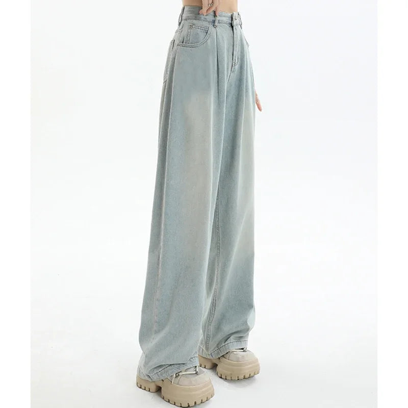 2024 Woman High Waist Vintage Baggy Jeans Lady Streetwear Wide Leg Pants Female Fashion Gray Blue Grey Light Blue Denim Trousers