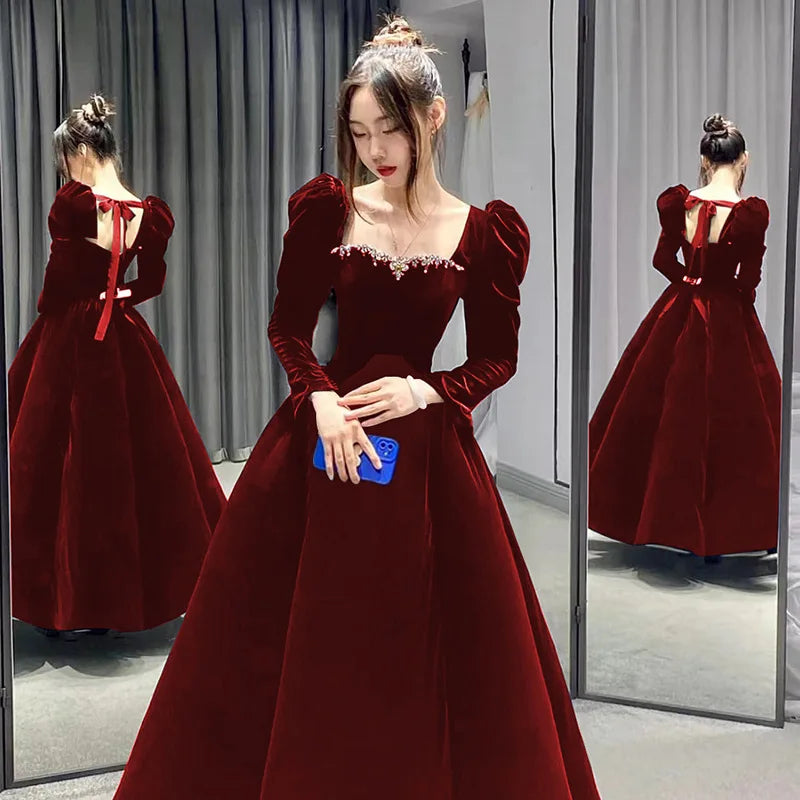 Chinese Bridal Wedding Qipao Sexy Square Neck Dress Pleated Cheongsam Formal Party Dresses Gown Long Sleeve Fairy Vestidos - Seprincess