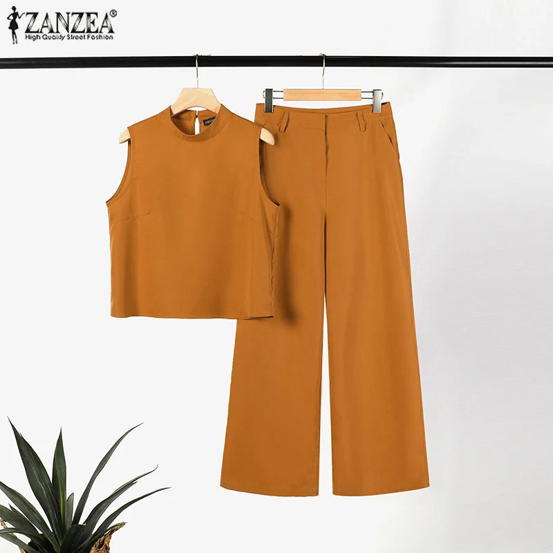 ZANZEA Elegant Women Matching Sets Summer Tracksuits Causal Pant Sets Sleeveless Blouse & Trousers Suit Fashion Outfits Oversize - Seprincess