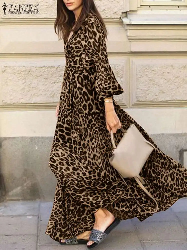 Vintage Women Long Sleeve Leopard Dresses ZANZEA Autumn Sundress Fashion Maxi Long Dress Party Vestidos Female V Neck Print Robe - Seprincess