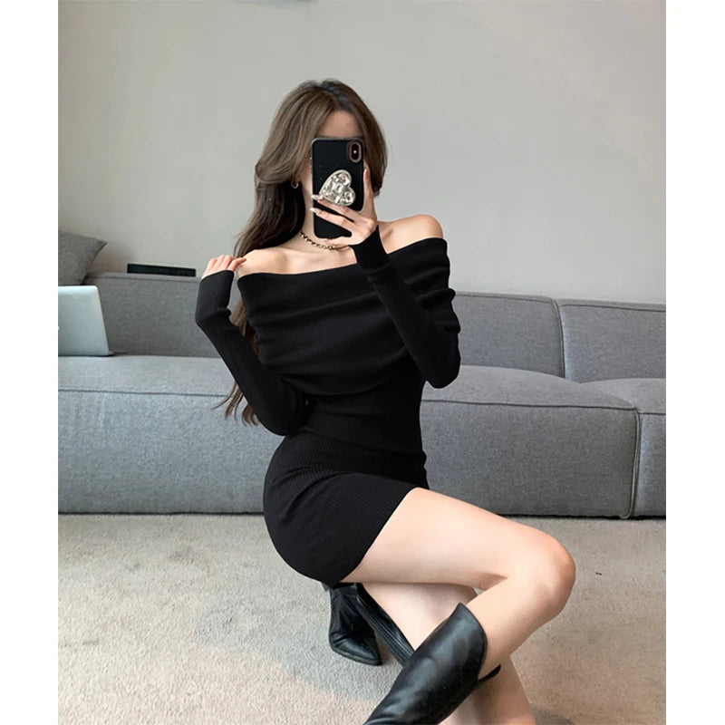 Sexy Slash Neck Mini Dress Women Vintage Elegant Black Wrap Sweater Dresses Winter Korean Red Off Shoulder Bodycon Vestidos New - Seprincess