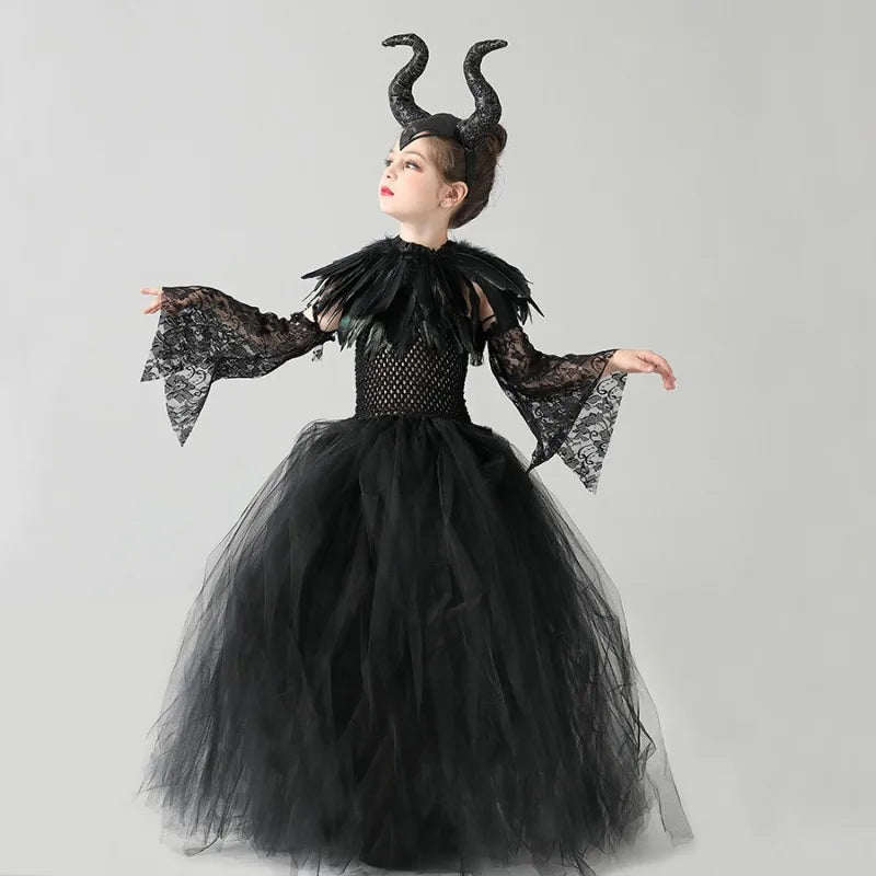 Halloween Costume for Kids Halloween Fantasy Vampire Costume Girls Long Tutu Dress Kids Carnival Outfit Gothic Feather Clothes - Seprincess