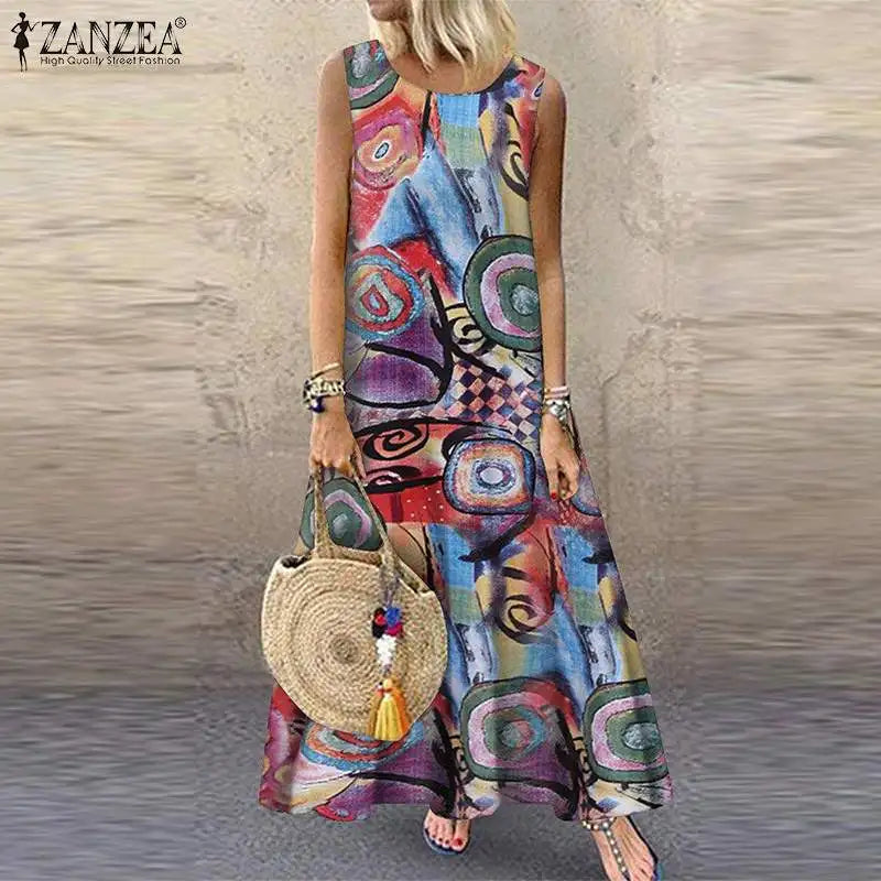 ZANZEA Women Bohemian Summer Dress Causal Sleeveless Floral Printed Sundress Robe Femme Vintage Kaftan Beach Vestido Sarafans - Seprincess