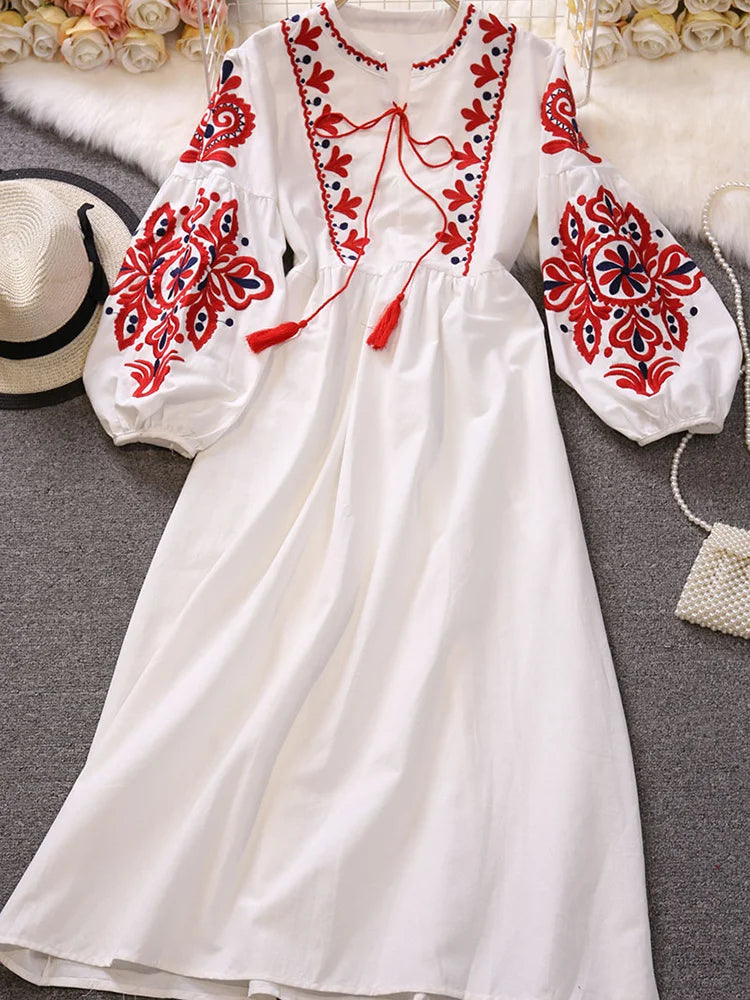 EWQ Sweet Style Y2K Women Nice Foreve Dress Embroidery O-neck Bandage Long-sleeve White Dresses Womens Spring Summer 2023 New - Seprincess