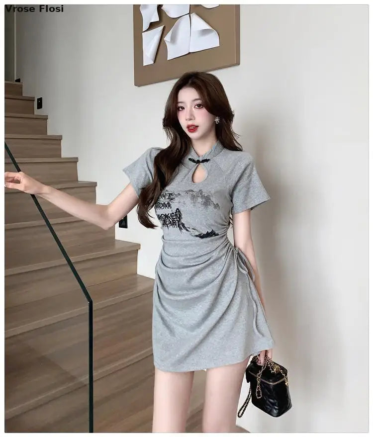 New 2024 Retro Daily Leisure Qipao Dress Chinese Style Printing Improved Cheongsam Fashionable Wrinkled Waist Design Thin Dress - Seprincess