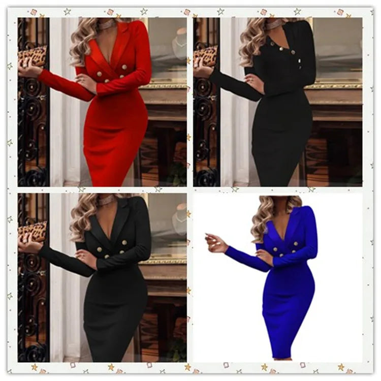 Autumn Winter Women's Solid Color Sexy V-neck Fashionable Double Breasted Suit Tight Fitting Hip Hugging Dress For Women - Seprincess