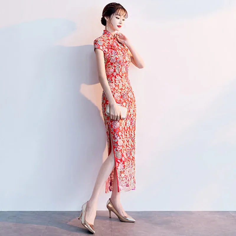 New model 2024 Womens Dress Fashion Chinese Style Elegant Long Qipao Luxury Wedding Robe Red Lace Bride Party Cheongsam Oriental - Seprincess