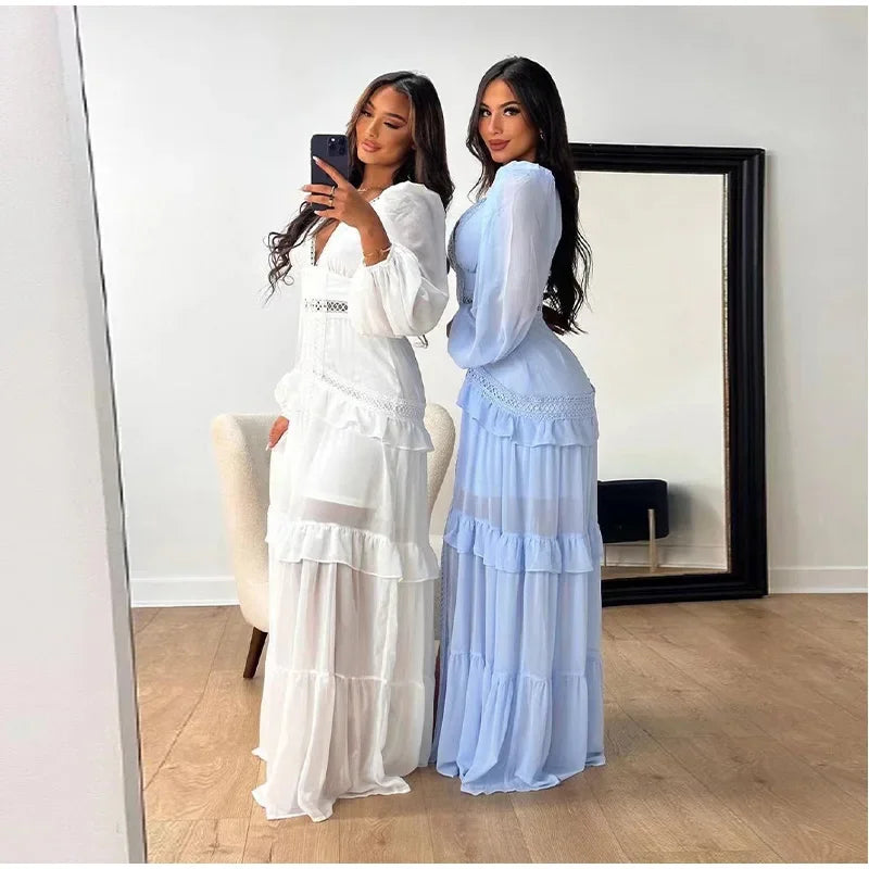 Women Elegant Layered Ruffles Patchwork Long Dress Chic V Neck Puff Full Sleeves Split Maxi Dresses Fashion Lady Party Robes