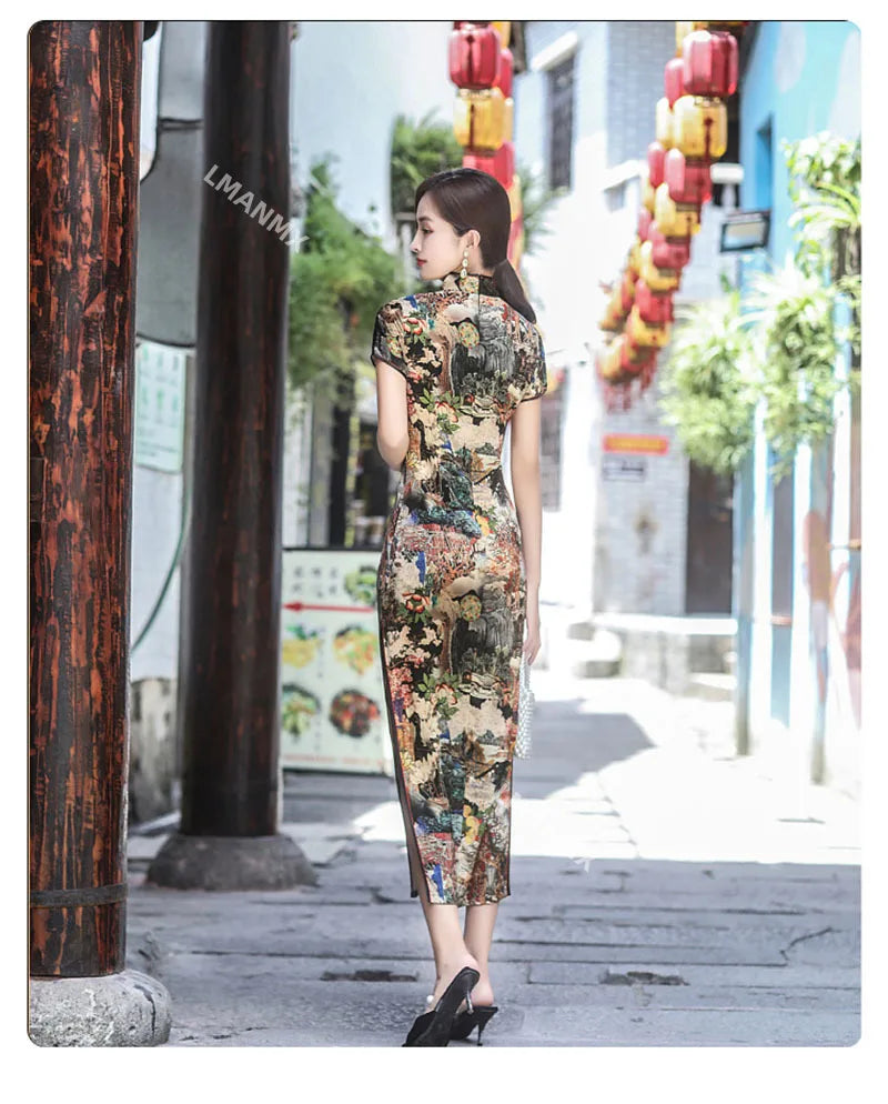 Summer Long Cheongsam Vintage Qipao Silk Fashion Daily Women Dress Slim Party Costume Dresses - Seprincess