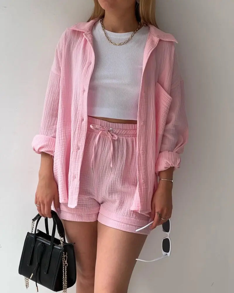 Summer Women's Suit Short Sets Outfits Muslin Suit For Women 2024 Two Piece Sets Female Clothing Solid Button Lapel Outfits