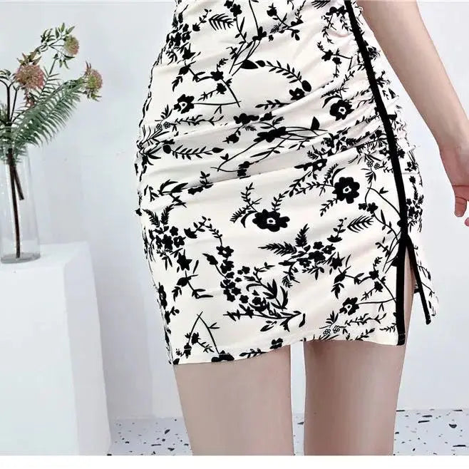 2024 summer slit slimming improved chinese style sexy fold design cheongsam floral printed halter sleeveless qipao dress w715