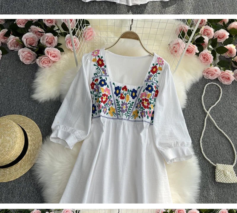 Spring/Summer Women's Travel Vacation Vintage Long Dress Bohemian Ethnic Style Embroidered Waist Tie up Cotton and Linen Dress ? - Seprincess