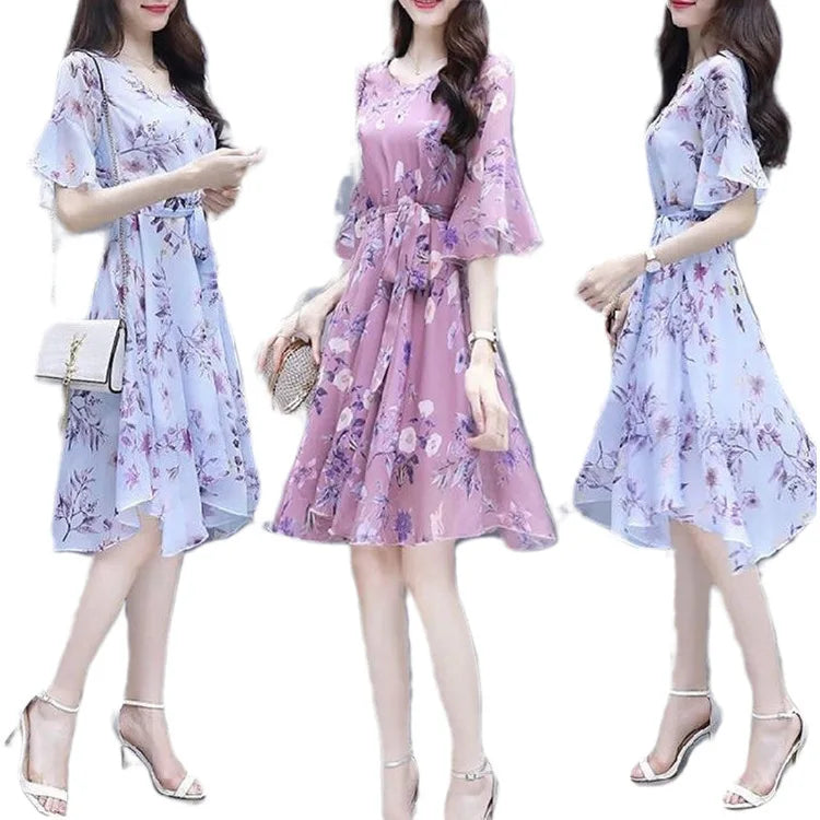 Elegant Summer New Korean-style Long Dress For Women Slimming Waist-fitted Medium-length Skirt Nylon Material Printed Dress - Seprincess