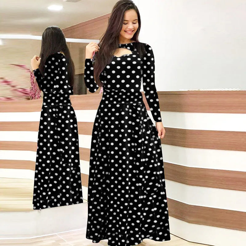 Spring /Autumn Fashion Flower Long Sleeved O-Neck Hollow Slim Fit Dress Women Elegant Long Vestido Maxi Clothes Robe Sexy Femme - Seprincess