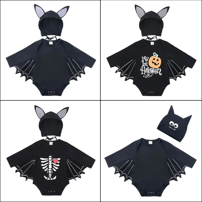 Halloween Baby Black Bat Costume Cosplay Romper Jumpsuit Infant Boys Girls Purim Party Carnival Fancy Dress Long Short - Seprincess