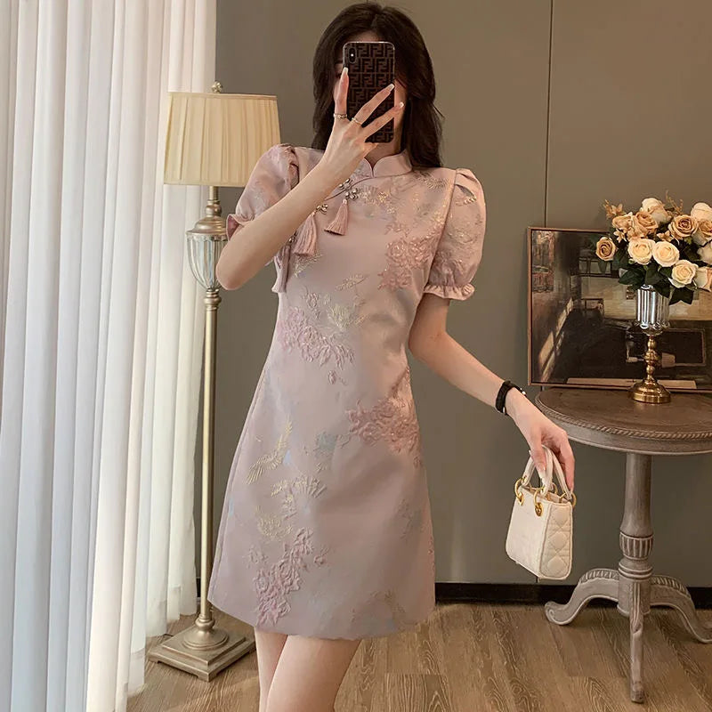 Chinese Style Elegant Cheongsams Dress Summer Women Vintage Floral Embroidery Qipao Mini Dress Lady Chic Tassels Slim Vestidos - Seprincess