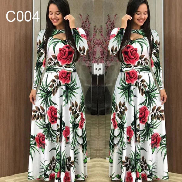 Spring /Autumn Fashion Flower Long Sleeved O-Neck Hollow Slim Fit Dress Women Elegant Long Vestido Maxi Clothes Robe Sexy Femme - Seprincess