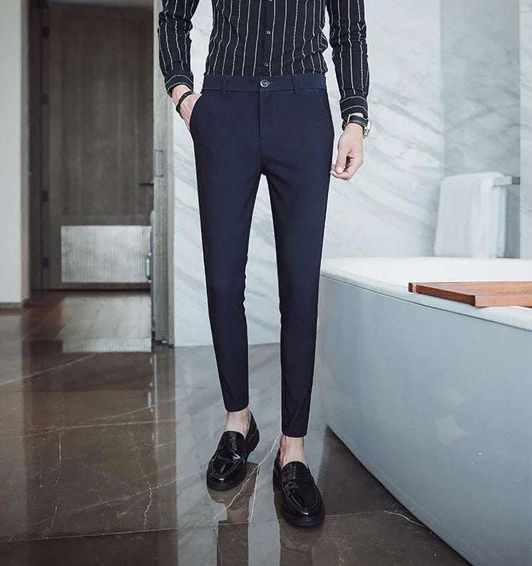 Blue Elastic Man Suits Pants Stretch Trousers for Men Tight Elegant Up Summer 2024 Vintage Cheap Anti-wrinkle Formal Dress Fine