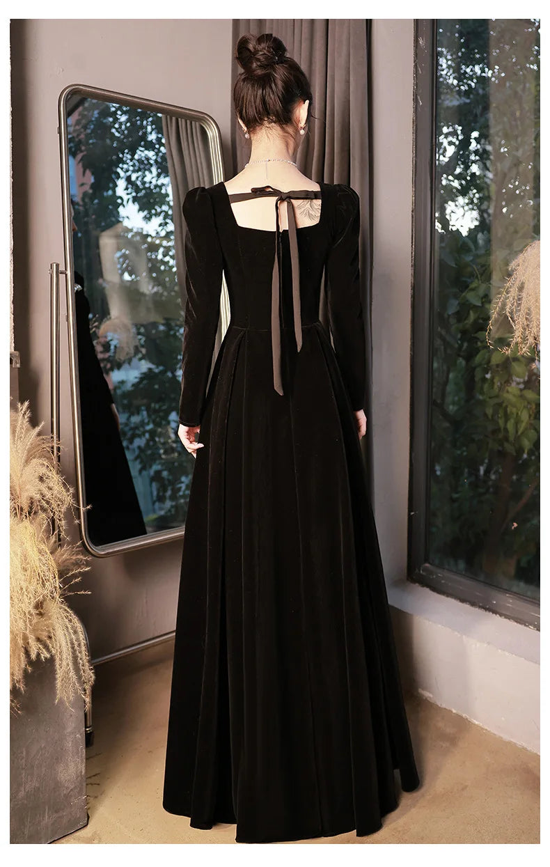 Autumn Winter Black Evening Dress Women Elegant  Luxury Velvet Long Sleeve A-line Party Dresses French Beadding Prom Gown - Seprincess