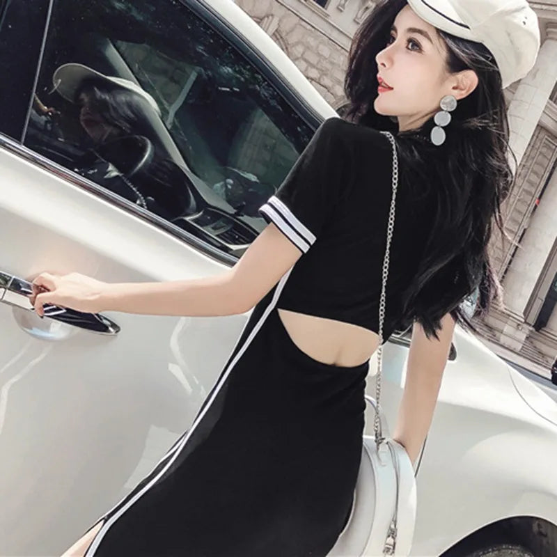 2024 Spring Summer Women Sport Solid Dress Short Sleeved Round Neck Side Split Long Dresses Slim Fit High Waist Casual Ladies - Seprincess