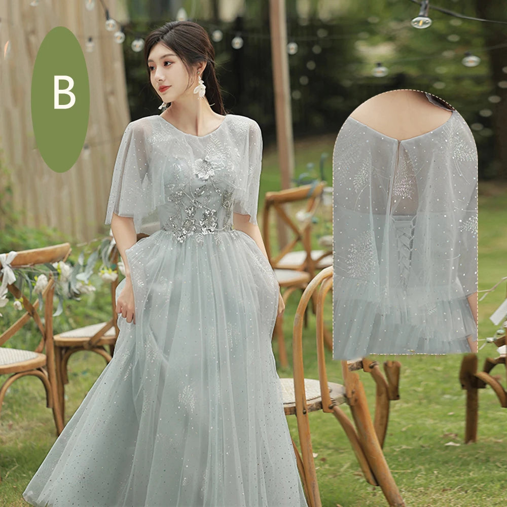 4 Styles Grey Bridesmaid Dress Women's Elegant V-neck Sequins Shawl Collar Slim A-line Gown Light Luxury Wedding Party Vestido - Seprincess