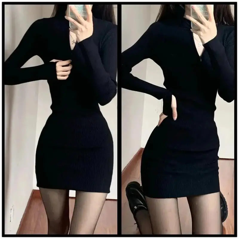 Long Sleeve Dresses for Women Black Sexy Club Bodycon Mini Dress Y2k High Waist Ladies Korean Short Dress Basic Autumn Winter - Seprincess