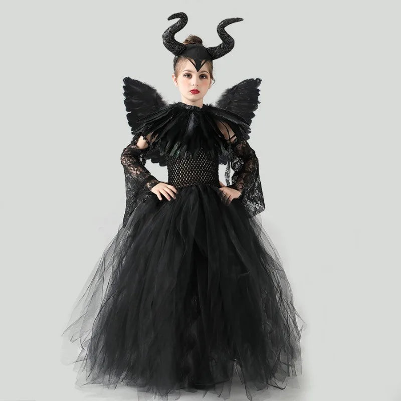 Halloween Costume for Kids Halloween Fantasy Vampire Costume Girls Long Tutu Dress Kids Carnival Outfit Gothic Feather Clothes - Seprincess