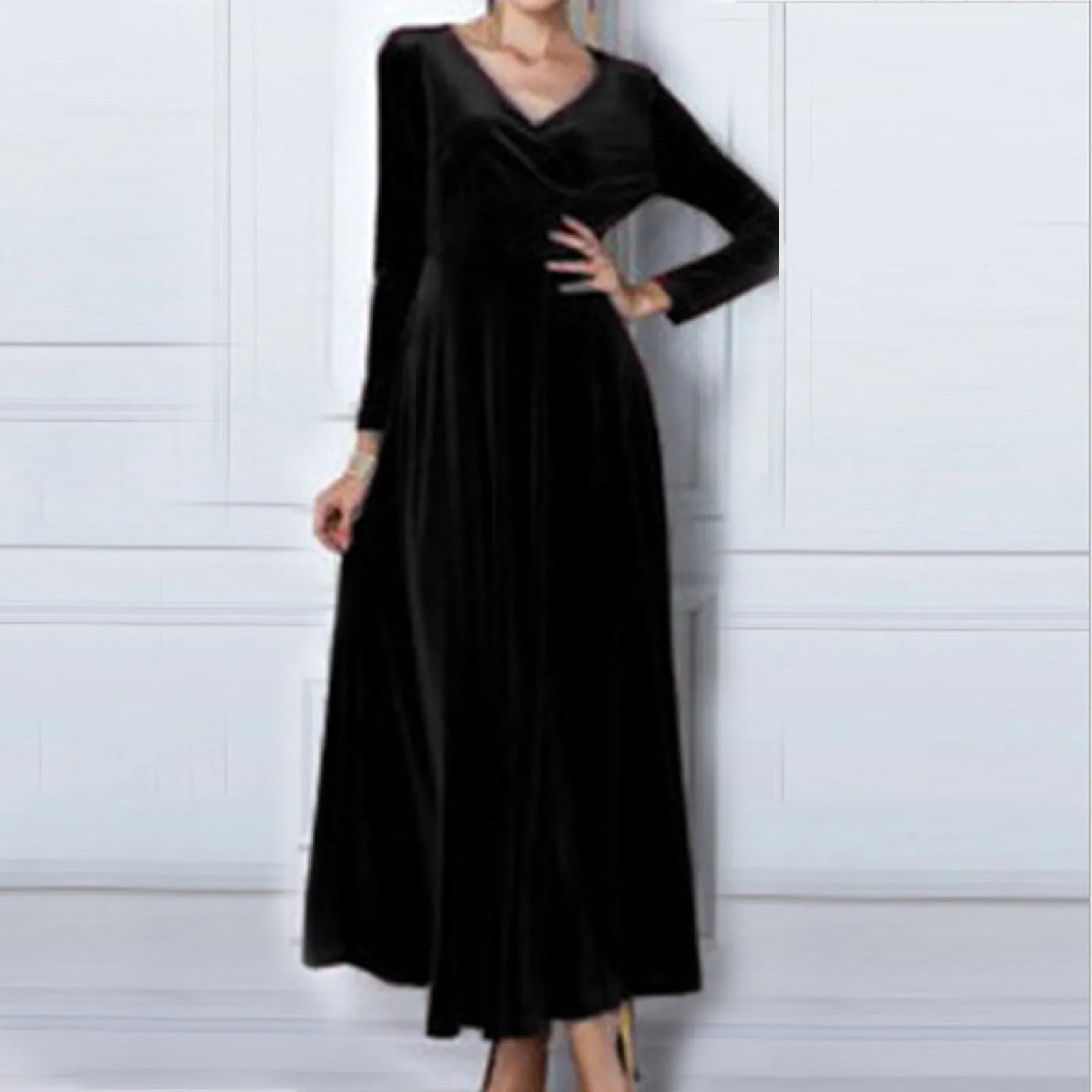 Autumn Velvet Maxi Dress Women Winter Long Party Dress Ladies A Line Velour Elegant Dress for Women V Neck Gold Velvet Dress - Seprincess