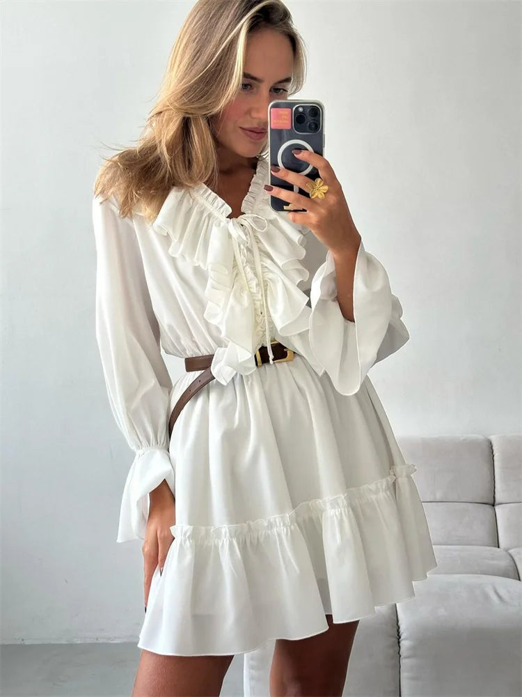 Tossy Ruffled V-Neck White Mini Dress Female Patchwork Long Sleeve Elegant Bandage Fashion Dress High Waist Lace-Up Women Dress - Seprincess