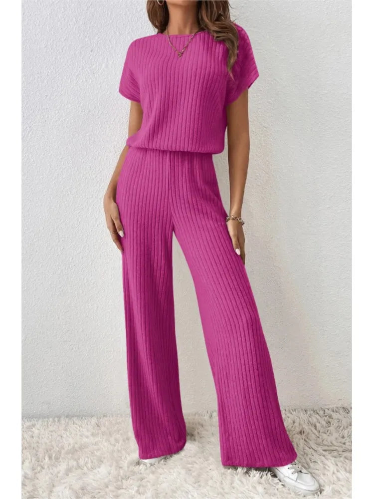 Elegant Short-sleeved Top + Trousers 2-piece Set For Women Fashion Autumn Winter Solid Color Short-sleeved Knitted Suit Female - Seprincess