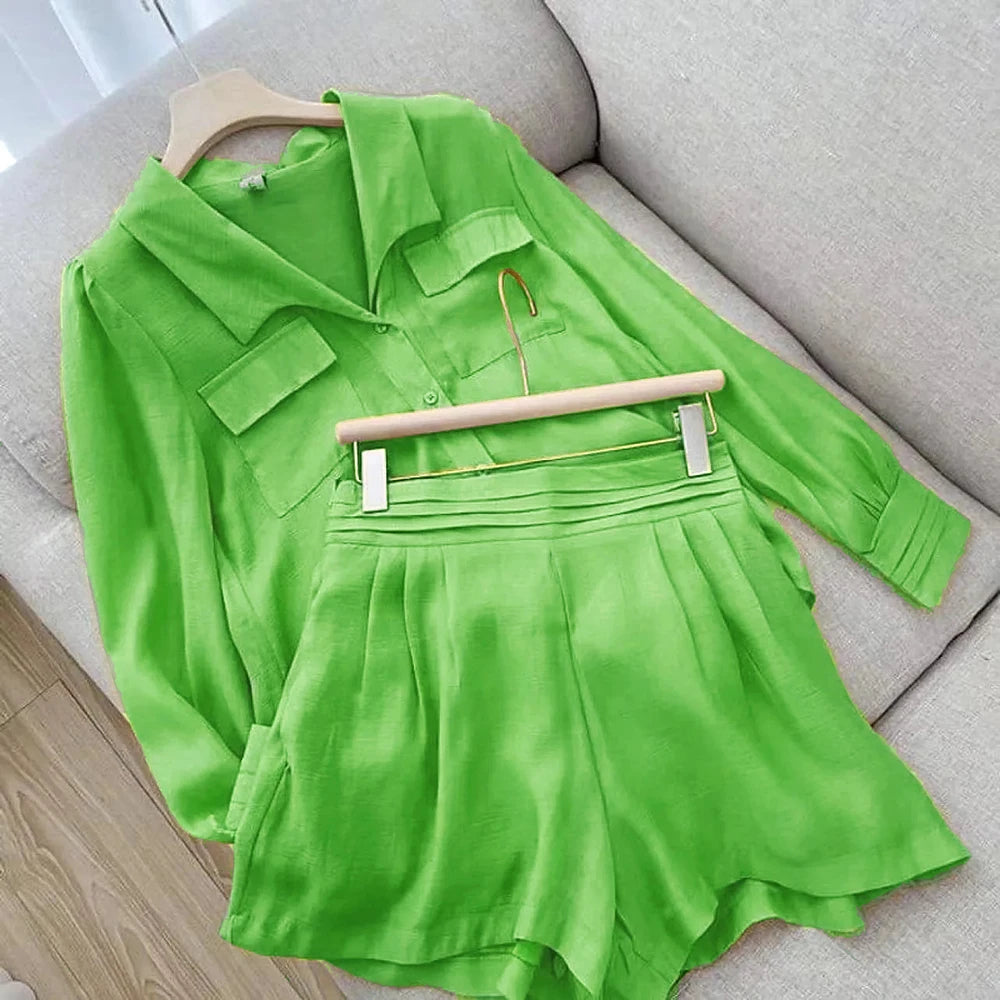 Spring Shirt Two Piece Set For Women Summer Shorts 2 Piece Sets Suits Solid Color Long Sleeve Shirt Short Casual Outfits Female - Seprincess