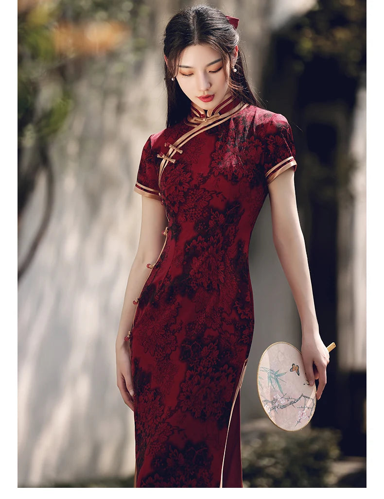 Wine Red Long Short Sleeves Cheongsam 2023 New Improved Young women Summer Silk and Satins Fashion One Piece Chinese Qipao Dress - Seprincess