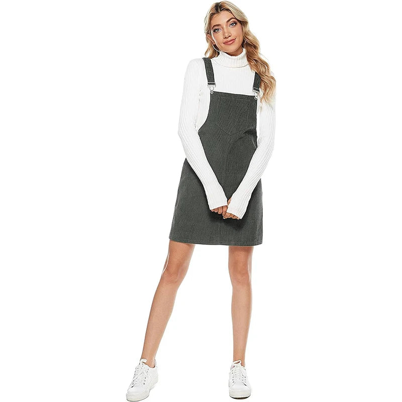 Corduroy Dresses Womens Solid Loose Sleeveless Strap Dress With Adjustable Big Pocket Ladies Fashion Suspender Dress Autumn