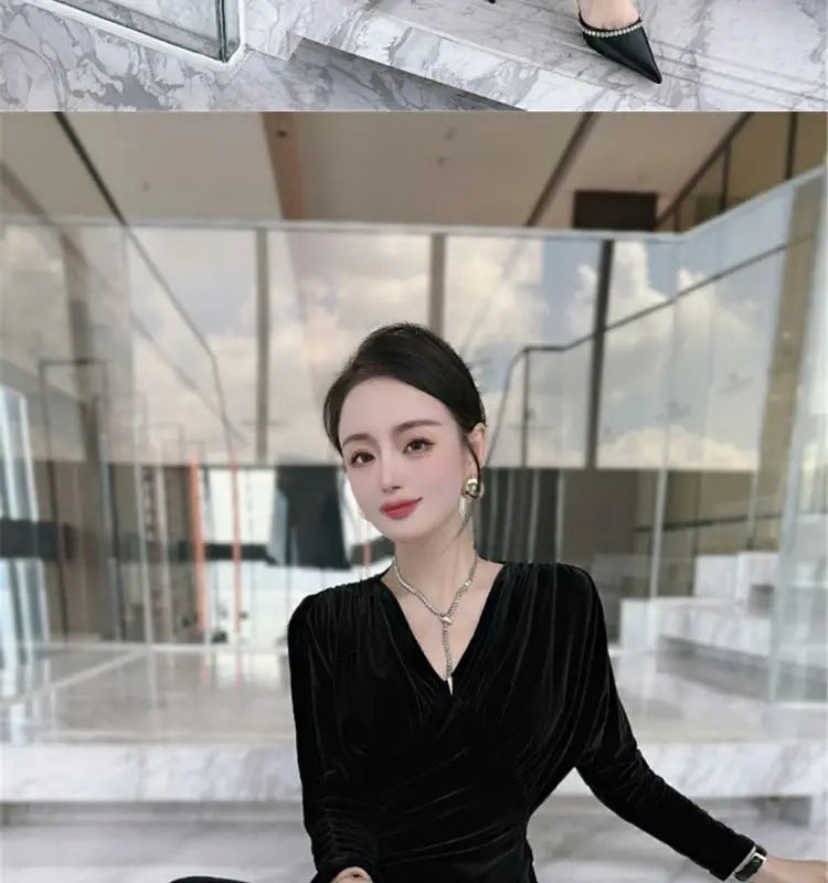 Women Vintage Gold Velvet Ruched Bodycon Elegant Evening Party Dresses Sexy V Neck Split High Waist Long Sleeve Maxi Dress Robe - Seprincess