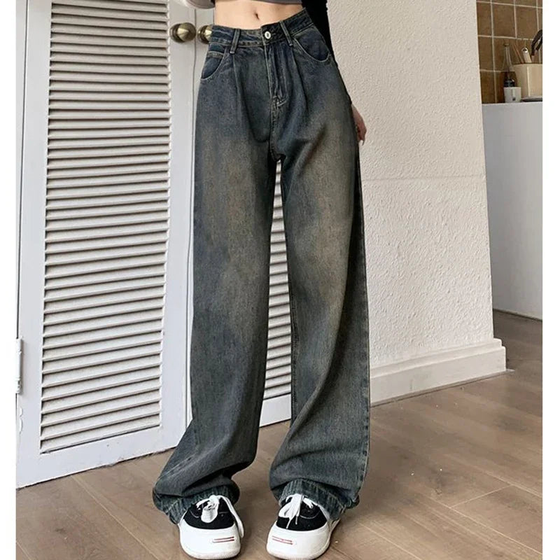 2024 Woman High Waist Vintage Baggy Jeans Lady Streetwear Wide Leg Pants Female Fashion Gray Blue Grey Light Blue Denim Trousers