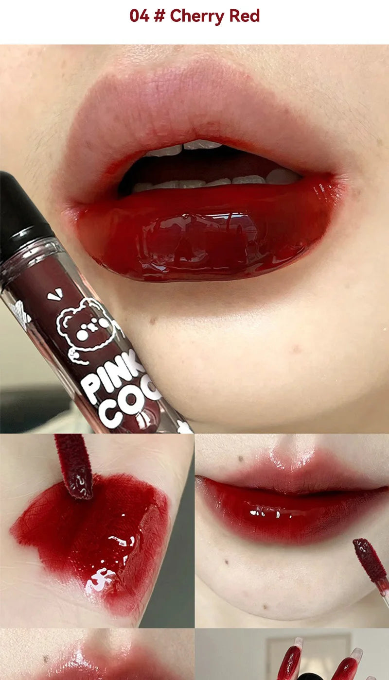 PINKCOCO Bear Doodle Mirror Lip Glaze — Long-Lasting Shiny Lip Gloss, Student-Friendly, Skin-Brightening Nude Lipstick - Seprincess