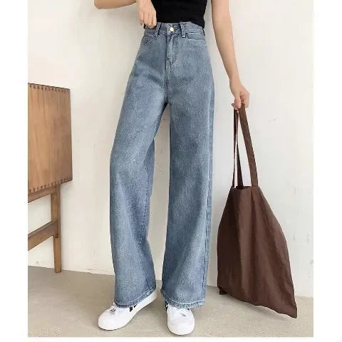 Petite Straight-Leg Jeans Women's Vintage High-Waisted Loose-Fit Bell Bottoms Autumn Season New Style Taller Legging Pants