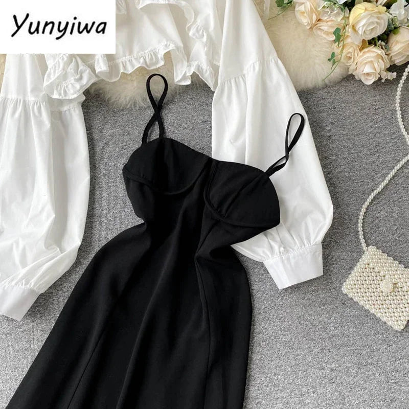 Autumn Women Sexy Black Spaghetti Strap Dress and White Long Sleeve Blouses Crop Tops Korean Fashion Mini Vestidos - Seprincess