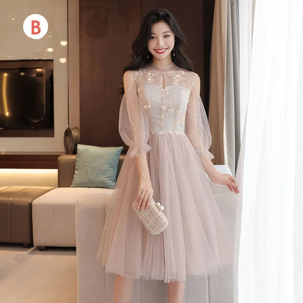 4 Styles Elegant Simple Bridesmaid Dress Women's Tulle Half Sleeves Slim Fit Design A-Line Dress Applique Wedding Party Vestido - Seprincess