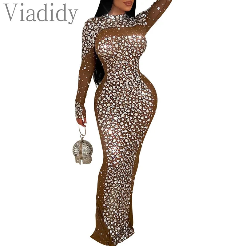 Women Sexy See Through Sheer Mesh Rhinestone Decor Long Sleeve Maxi Party Dress - Seprincess