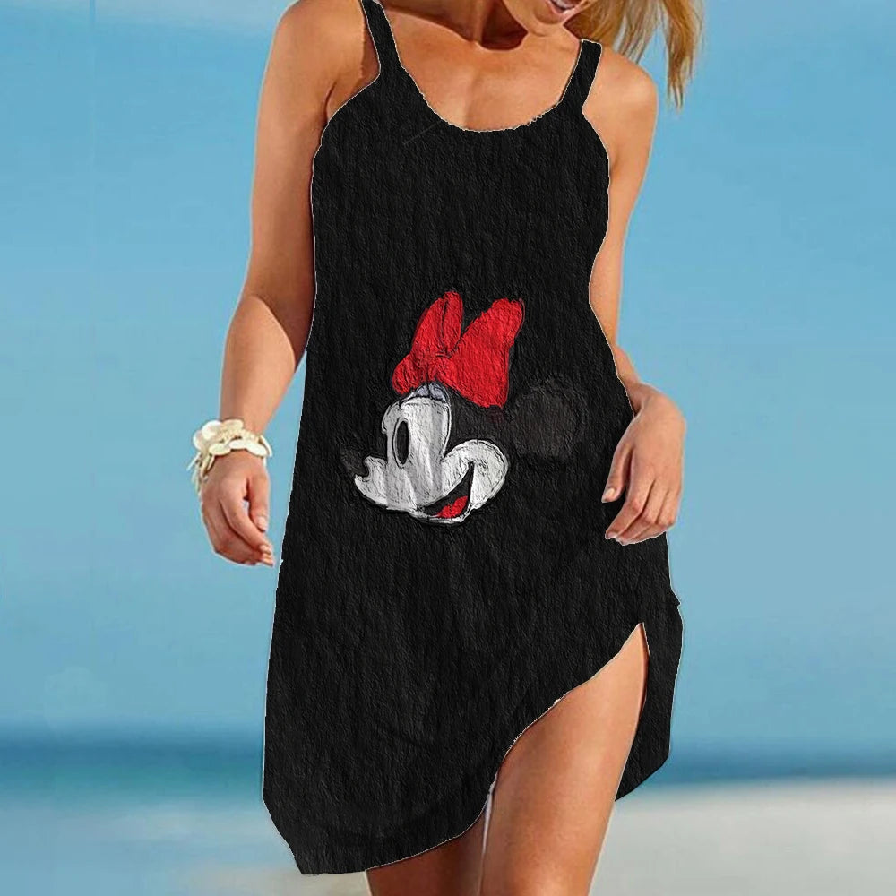 Boho Minnie Mouse Women's Dress Summer Beach Disney Mickey Cartoon Elegant Dresses For Women Fashion Print Sexy Loose Backless - Seprincess