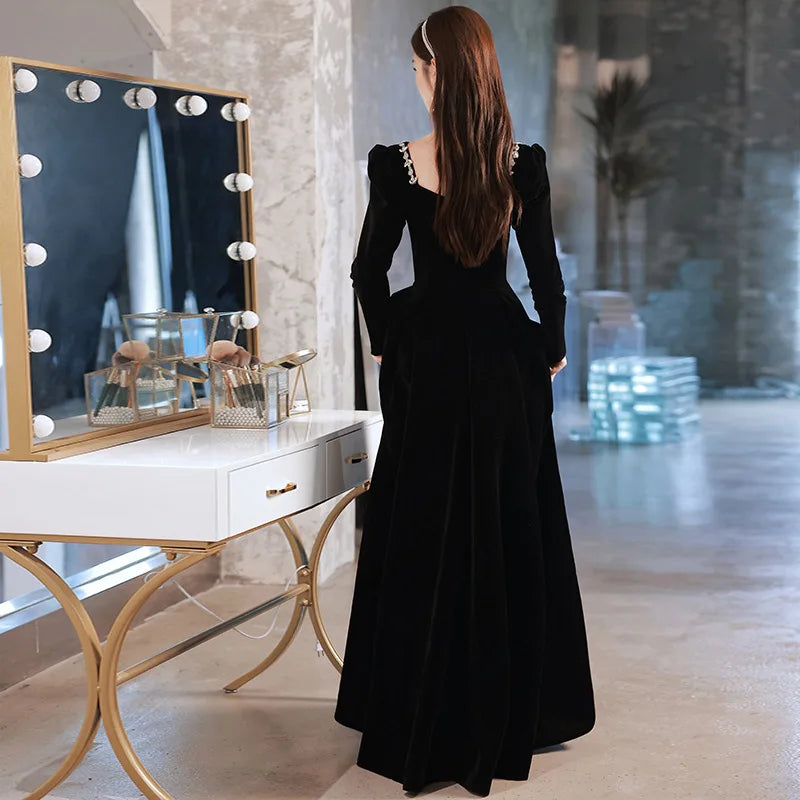 Elegant Beading Square Collar Long Sleeve Black Velour Evening Dress Back Zipper Prom Gowns Cheongsam Robe De Soiree Vestidos - Seprincess