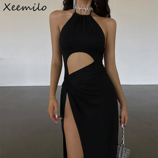 Xeemilo Sexy Prom Party Black Long Dress Elegant Waist Hollow Out High Split Summer Dresses Fashion Backless Lace Up Women Robe - Seprincess