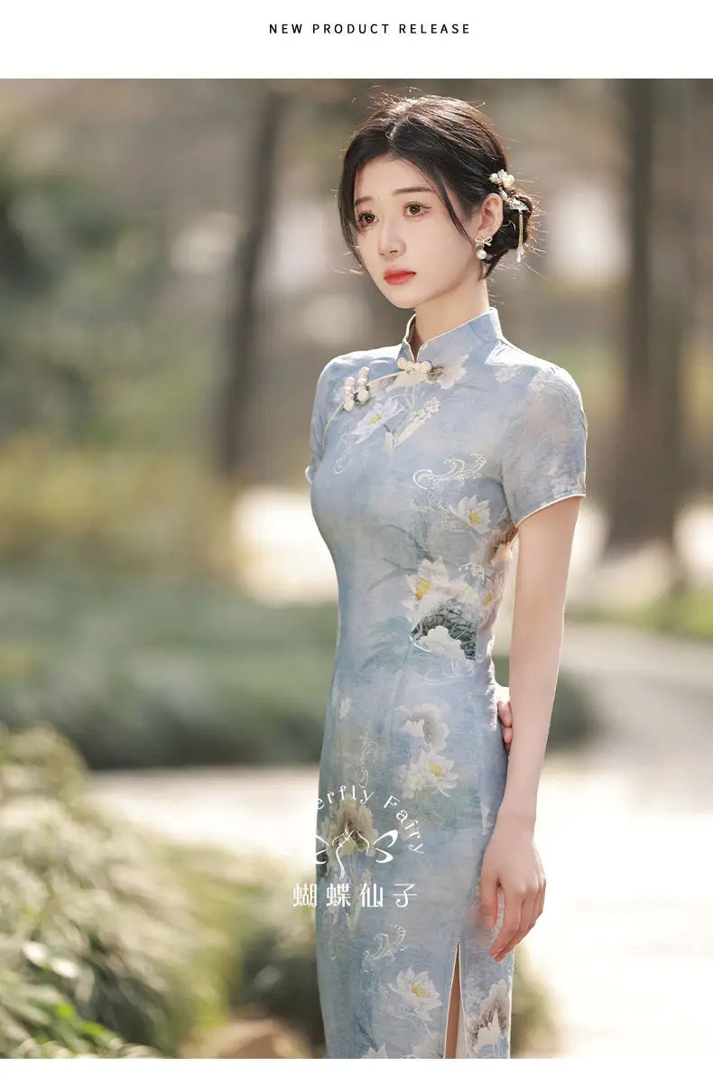 Simple Elegant Slim Qipao Women Vintage Floral Style Cheongsam Traditional Short Sleeve Young Girl Chinese Dress Modern New - Seprincess