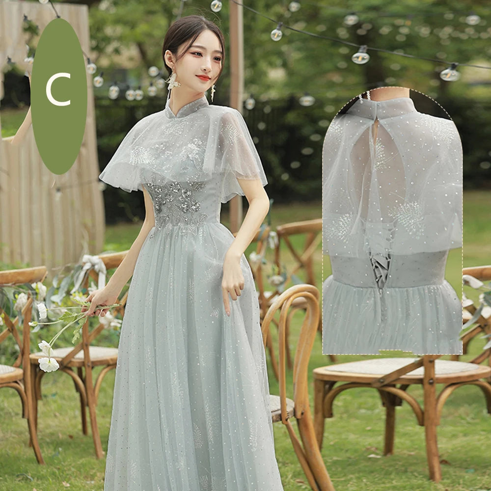 4 Styles Grey Bridesmaid Dress Women's Elegant V-neck Sequins Shawl Collar Slim A-line Gown Light Luxury Wedding Party Vestido - Seprincess