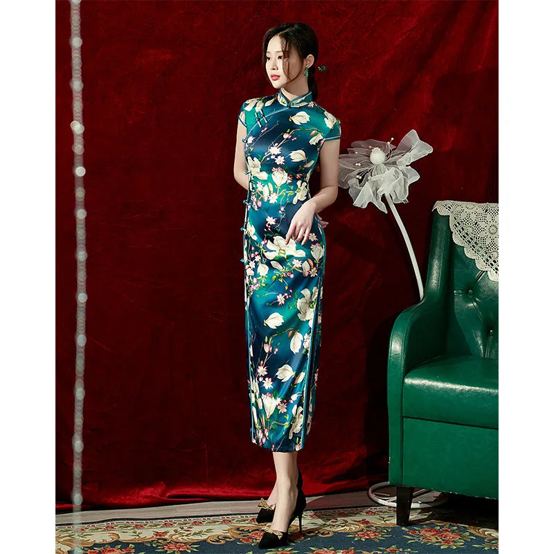 2023 Spring Silk Maxi Long Improved Cheongsam Retro Elegant Performance Chinese Traditional Style Evening Dress Qipao for Women - Seprincess