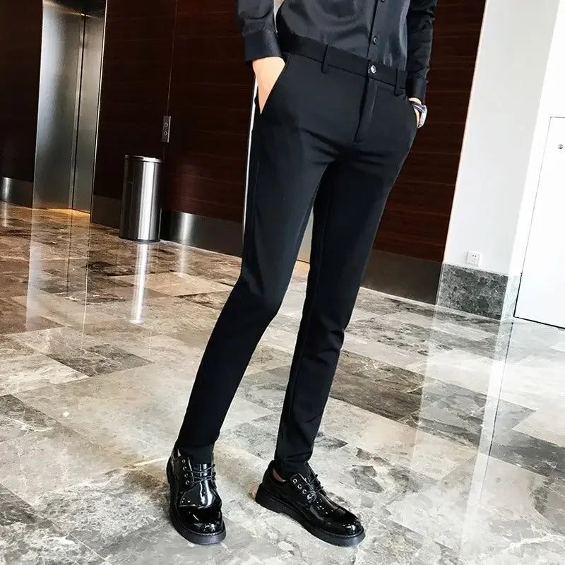 Elastic Business Tressed Male Suit Trousers 9 Cropped Fluid Stretch Social Tailoring Men's Summer Pants Draped Slim Fit Fabric